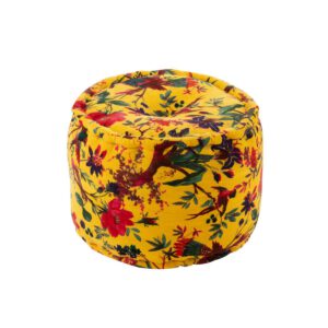 J-Line Poef Rond Vogels/Bloemen Katoenfluweel Geel